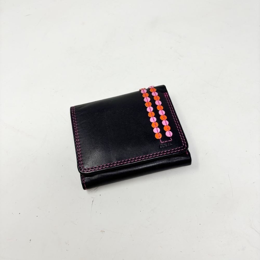 ROLFS Women’s Black Tri-Fold Wallet Pink Orange Accents Credit Cards ID Coins
